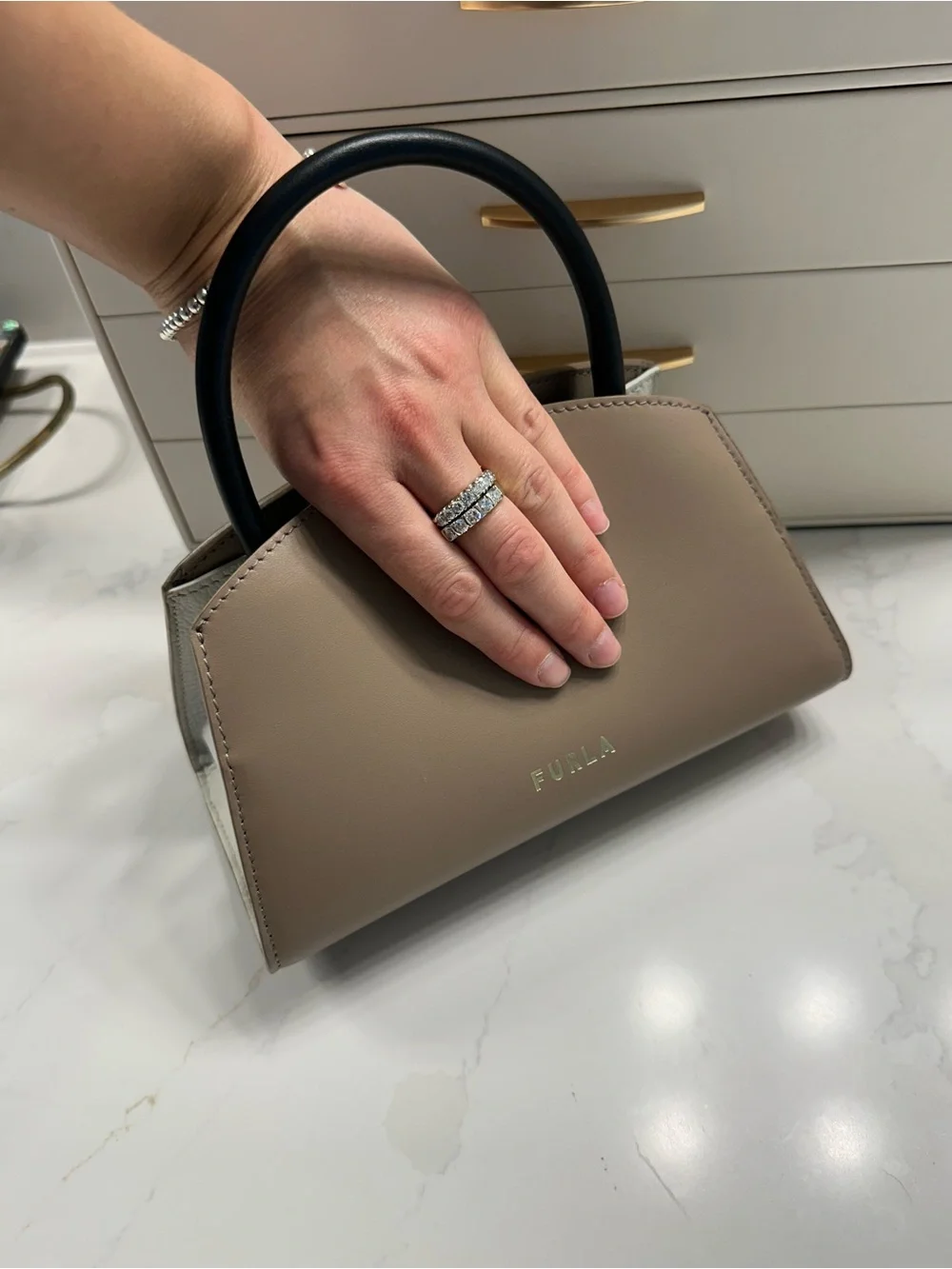 Furla Taupe Satchel with Black Top Handle